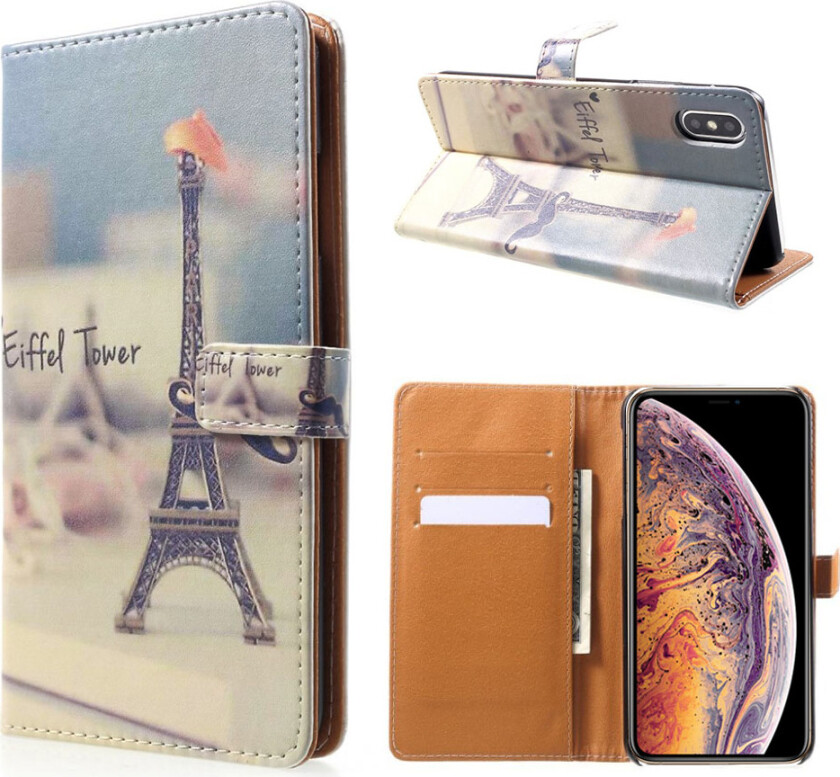 iPhone Xs Max beskyttelses deksel av syntetisk skinn med printet mønster - eiffel tårn og bart
