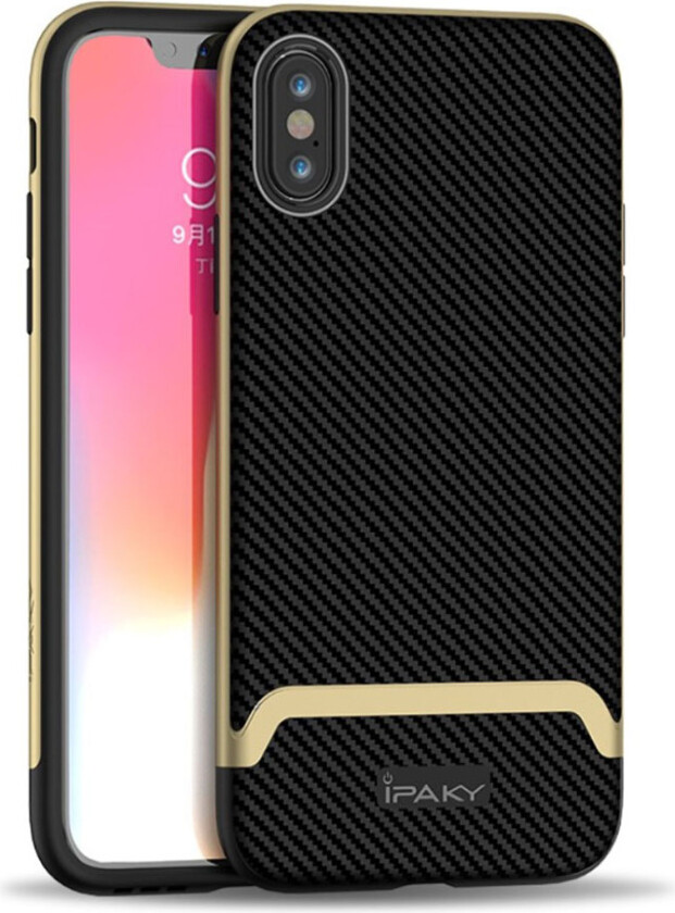 IPAKY iPhone Xs Max beskyttelses deksel av hybrid materiale med karbon fiber tekstur - svart og gull