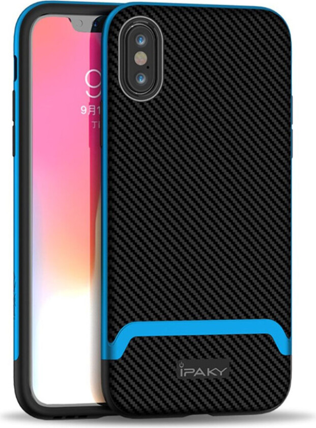 IPAKY iPhone Xs Max beskyttelses deksel av hybrid materiale med karbon fiber tekstur - svart og blå