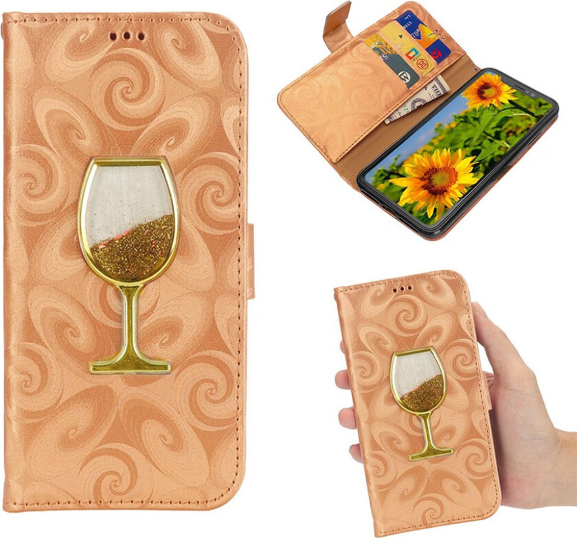 iPhone Xr beskyttelses deksel av syntetisk skinn med galvanisert vinglass med kvikksand pulver - gull