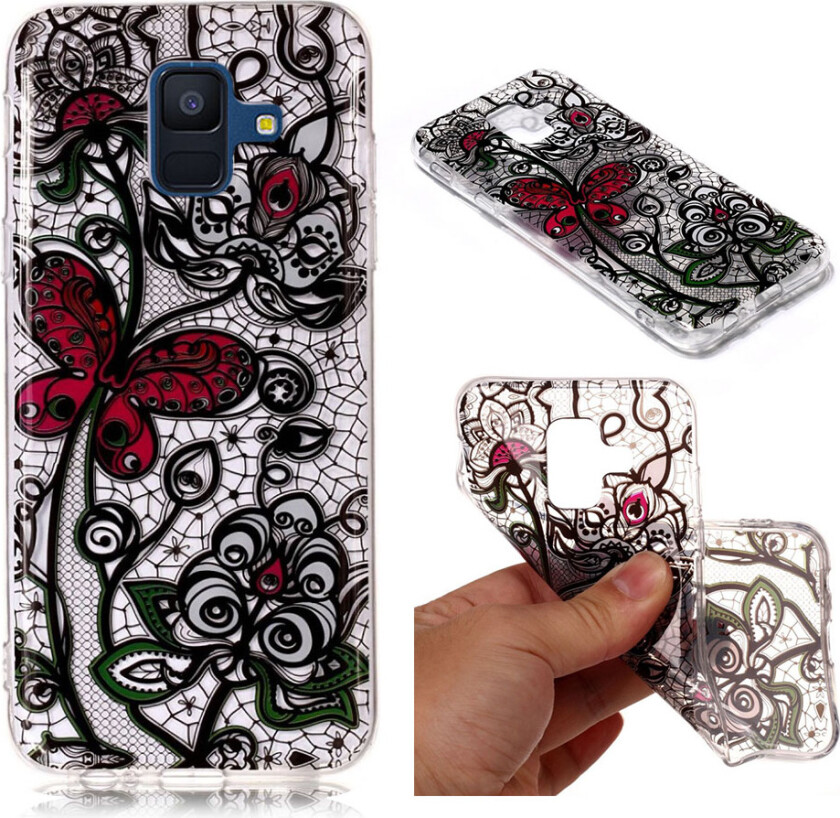 Galaxy A6 Plus beskyttelses deksel av silikon og plastikk med IMD printet mønster - sommerfugl lace blomst