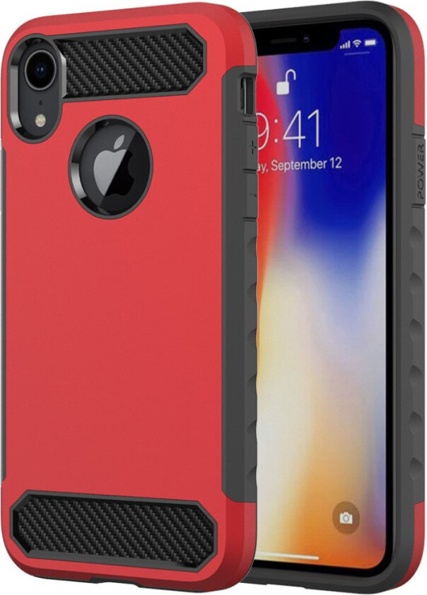 iPhone 9 Plus beskyttelses deksel av hybrid materiale med karbon fiber tekstur - rød