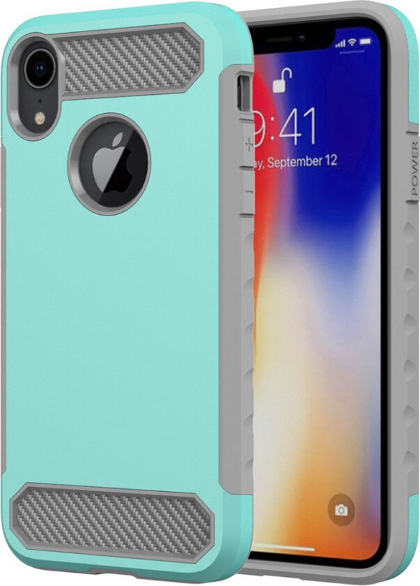 iPhone 9 Plus beskyttelses deksel av hybrid materiale med karbon fiber tekstur - turkis