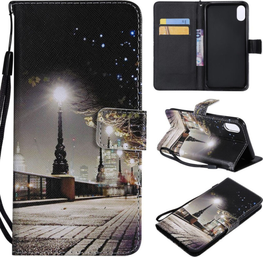 iPhone 9 Plus beskyttelses deksel av syntetisk skinn med printent mønster og lyse flekker dekor - natt utsikt