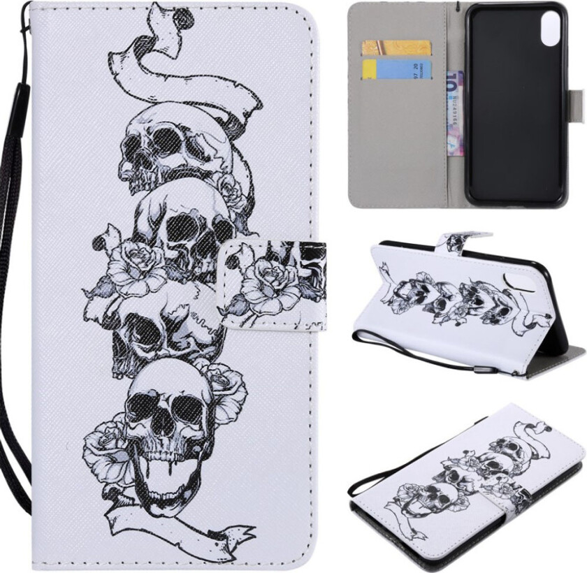 iPhone 9 Plus beskyttelses deksel av syntetisk skinn med printent mønster og lyse flekker dekor - hodeskalle og blomster