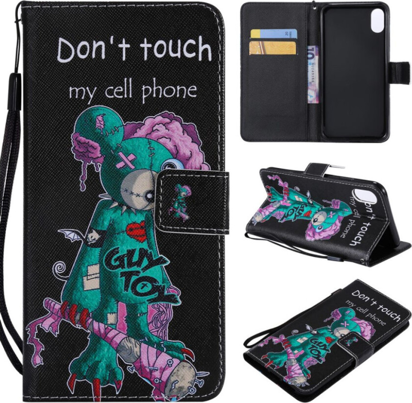 iPhone 9 Plus beskyttelses deksel av syntetisk skinn med printent mønster og lyse flekker dekor - advarsels ord