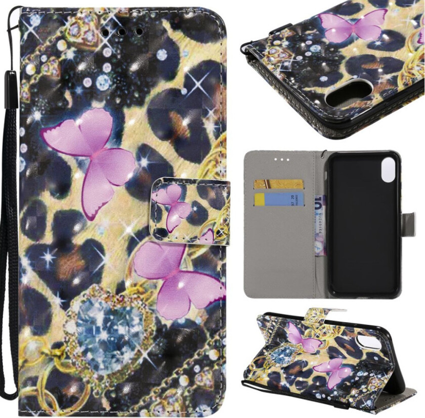 iPhone 9 Plus beskyttelses deksel av syntetisk skinn med printet mønster og lyse flekker dekor - sommerfugl og diamant