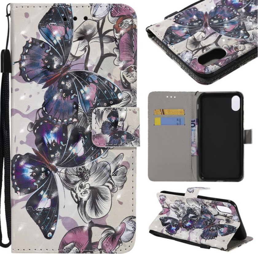 iPhone 9 Plus beskyttelses deksel av syntetisk skinn med printet mønster og lyse flekker dekor - fargerik sommerfugl