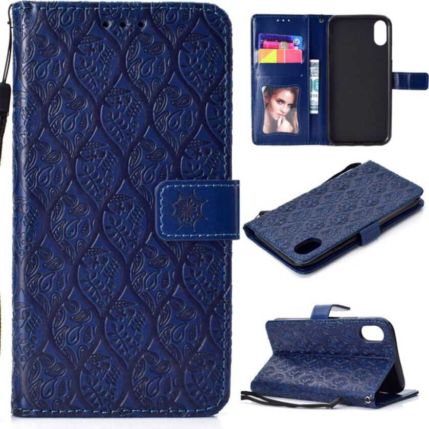 iPhone 9 Plus beskyttelses deksel av syntetisk skinn med blad avtrykk - mørke blå