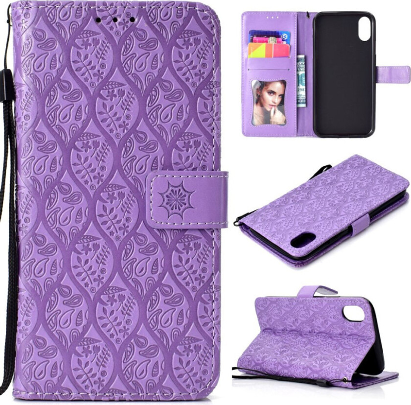 iPhone 9 Plus beskyttelses deksel av syntetisk skinn med blad avtrykk - lilla