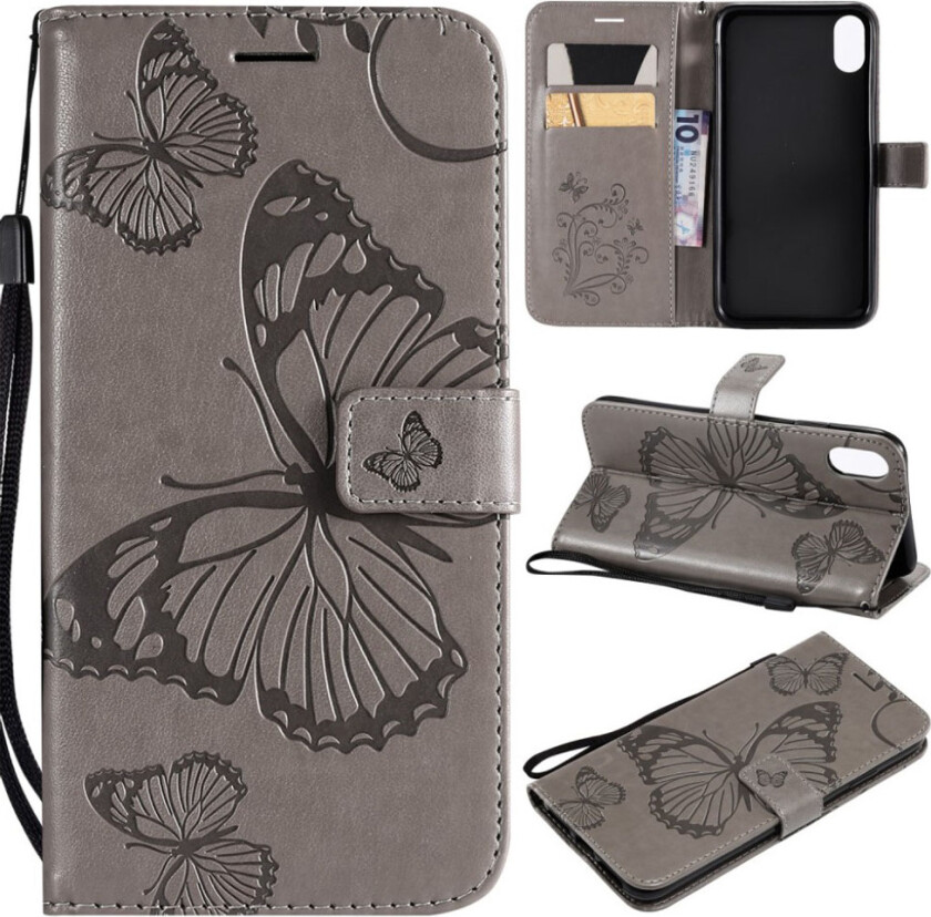 iPhone 9 Plus beskyttelses deksel av syntetisk skinn med sommerfugl avtrykk - grå