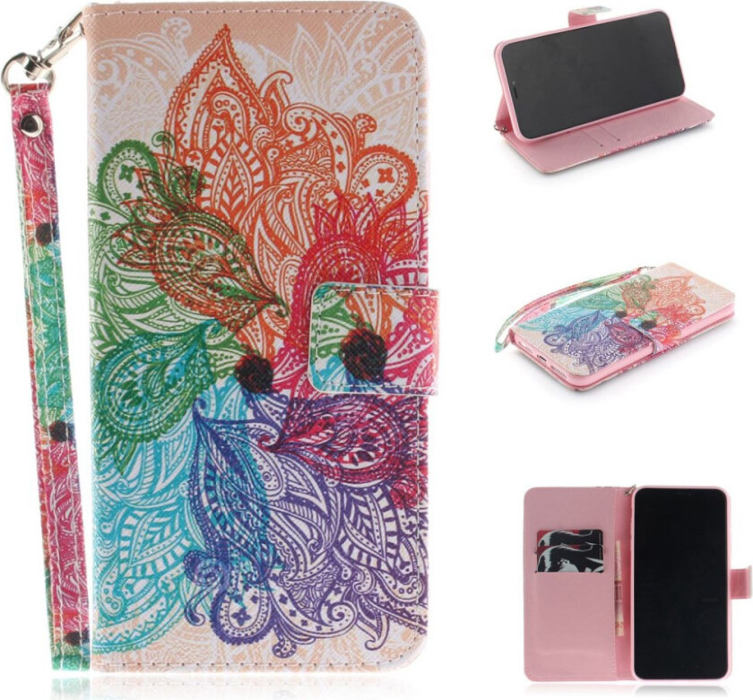 iPhone 9 Plus beskyttelses deksel av syntetisk skinn med printet mønster - fargelagt blomst