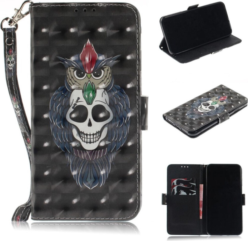 iPhone 9 Plus beskyttelses deksel av syntetisk skinn med printet mønster og lyse flekker dekor - hodeskalle og ugle