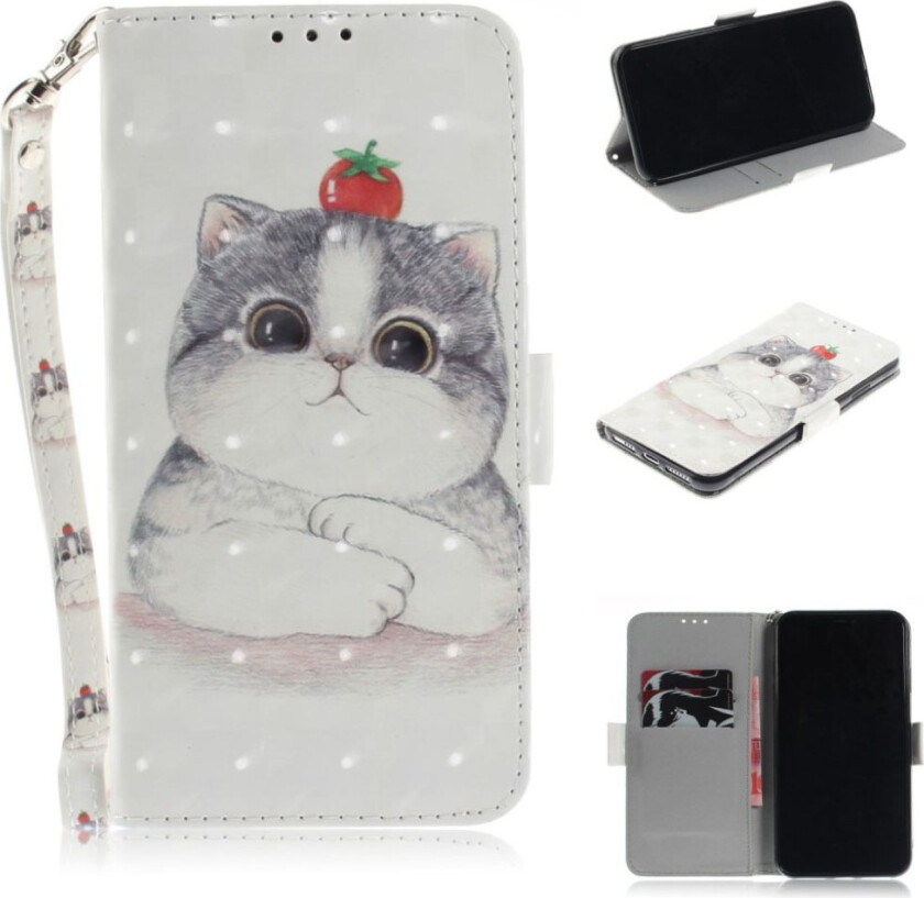 iPhone 9 Plus beskyttelses deksel av syntetisk skinn med printet mønster og lyse flekker dekor - søt hvit katt