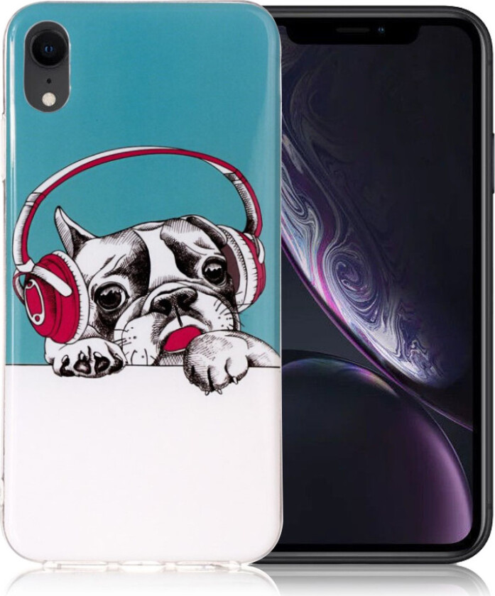 iPhone 9 beskyttelses deksel av TPU med IMD selvlysende printet mønster - hund bruker hodetelefoner