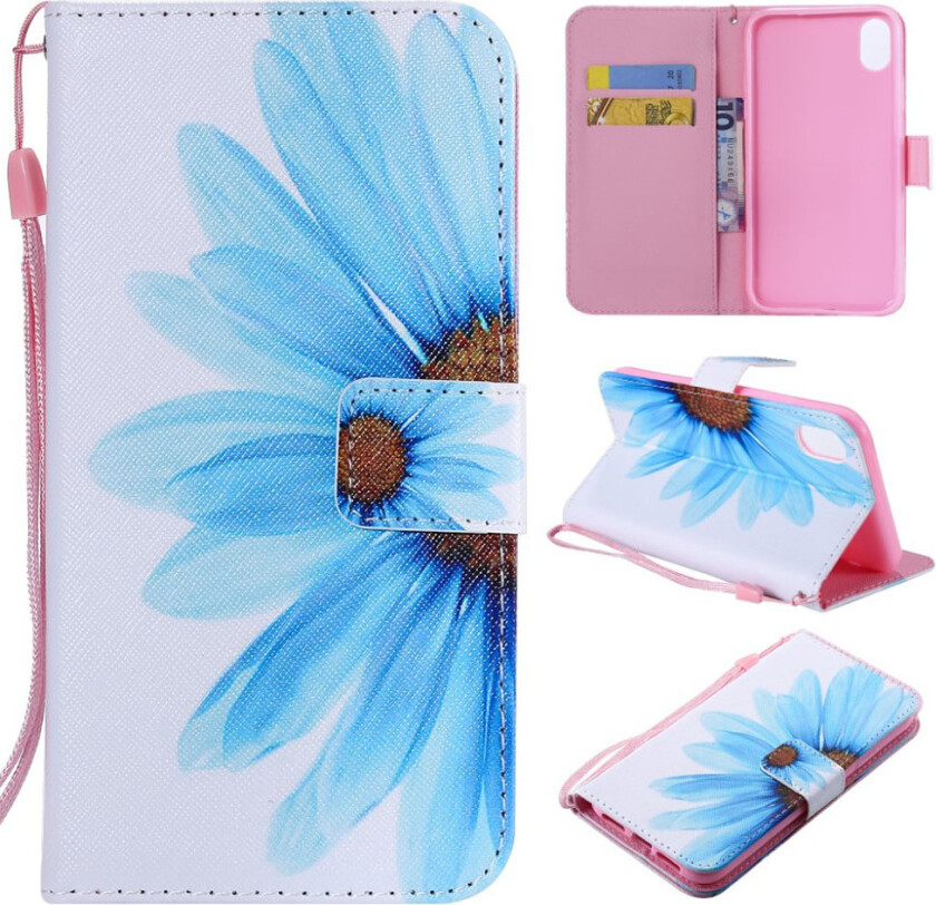 iPhone 9 beskyttelses deksel av syntetisk skinn med printet mønster og kryss tekstur - blå blomst