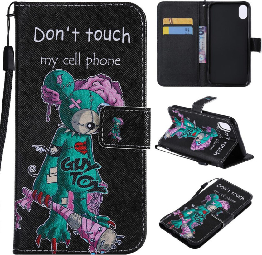 iPhone 9 beskyttelses deksel av syntetisk skinn med printet mønster og kryss tekstur - advarsels ord