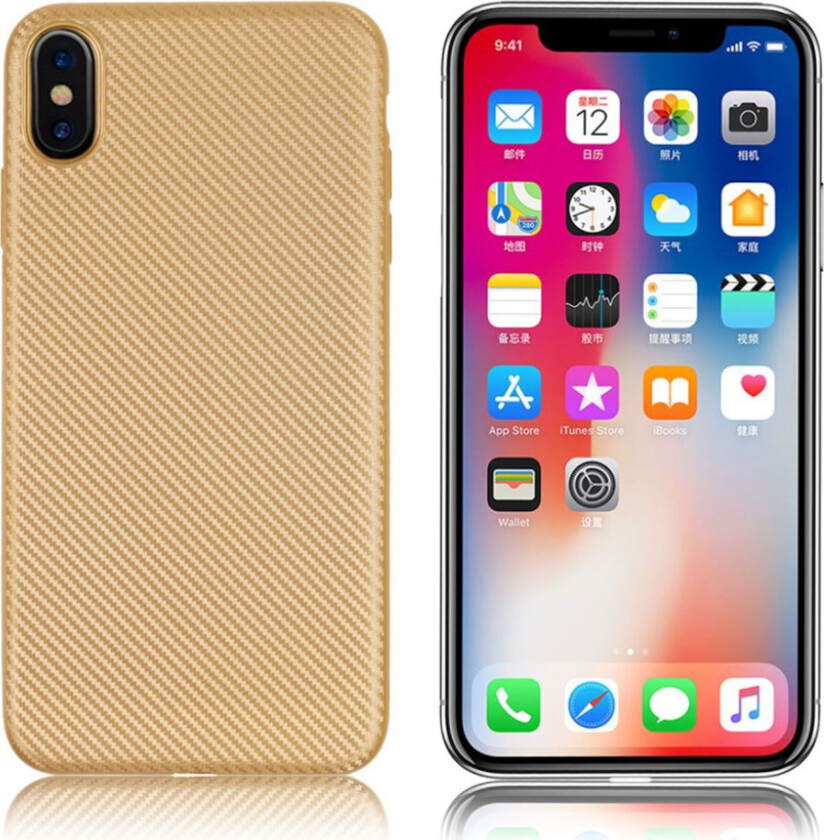 iPhone 9 beskyttelses deksel av myk TPU med karbon fiber tekstur - gull