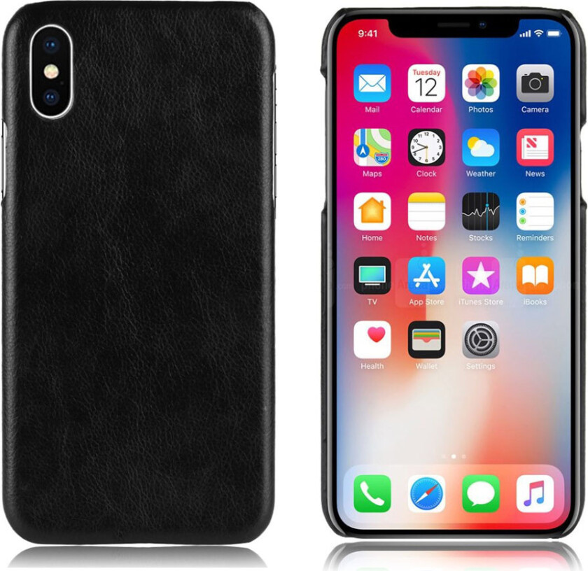 iPhone Xr beskyttelses deksel av hard plastikk dekt med syntetisk skinn med litchi tekstur - svart