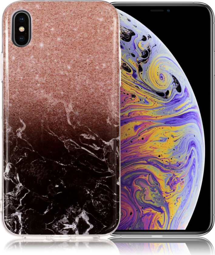 iPhone Xs Max beskyttelses deksel av TPU med IMD printet mønster - svart marmor og glitter pulver