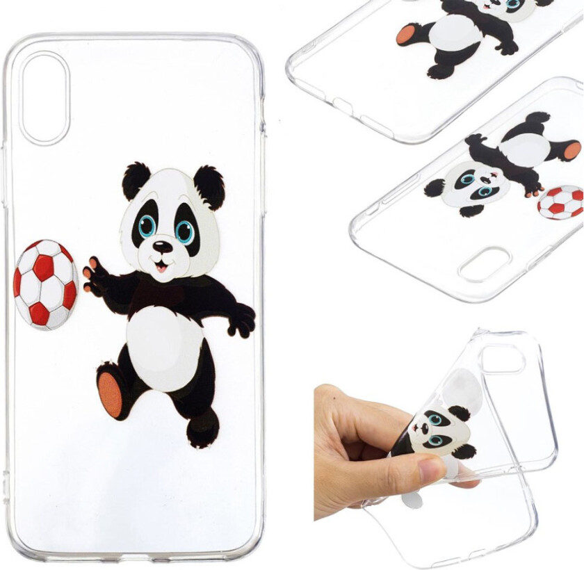 iPhone Xs Max beskyttelses deksel av myk silikon og plastikk med printet mønster - panda spiller fotball