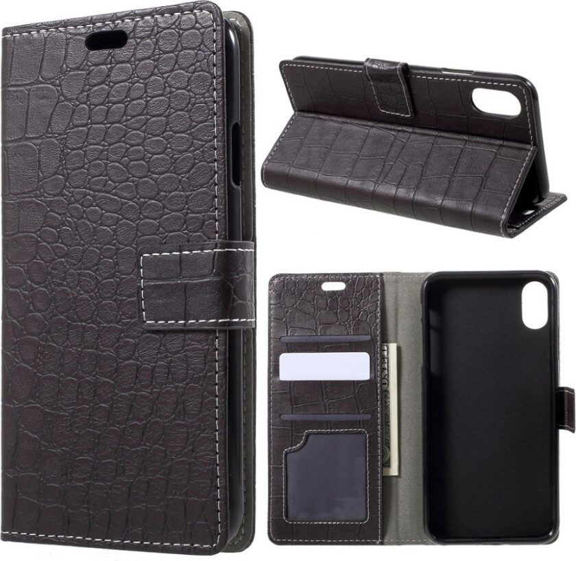 iPhone Xs Max beskyttelses deksel av syntetisk skinn med vintage krokodille tekstur - svart