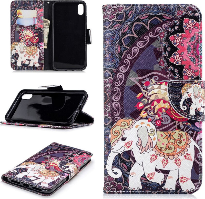 iPhone Xs Max beskyttelses deksel av syntetisk skinn med printet mønster - elefant og påfugl