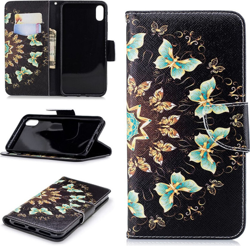 iPhone Xs Max beskyttelses deksel av syntetisk skinn med printet mønster - fargelagte sommerfugler