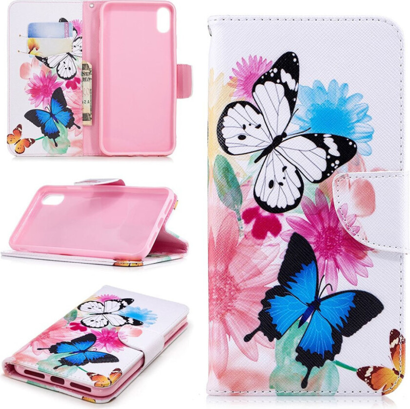 iPhone Xs Max beskyttelses deksel av syntetisk skinn med printet mønster - fargerike sommerfugler