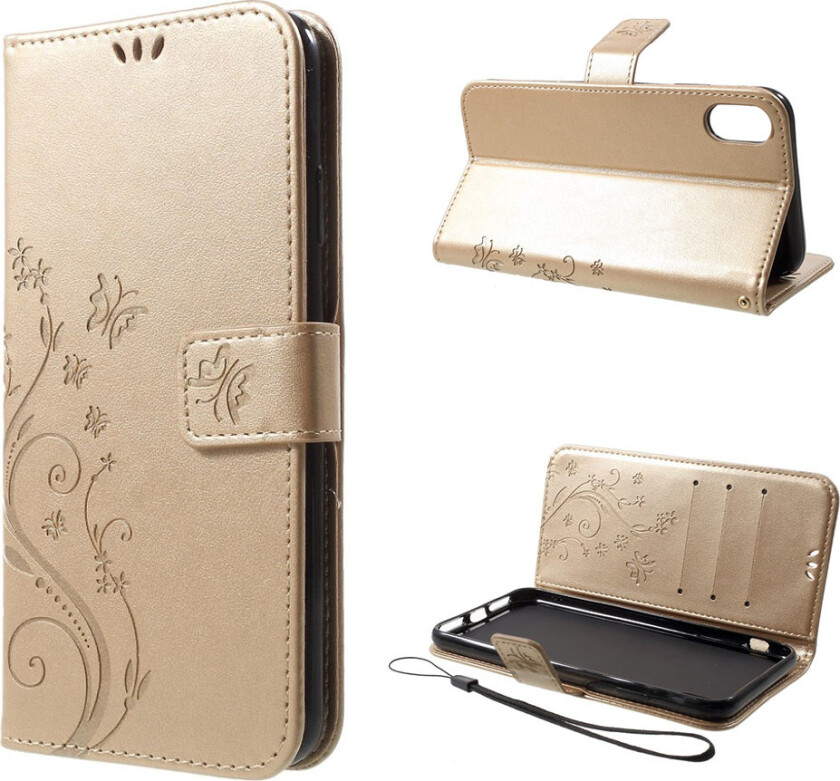 iPhone Xs Max beskyttelses deksel av syntetisk skinn med sommerfugl og blomster avtrykk - gull