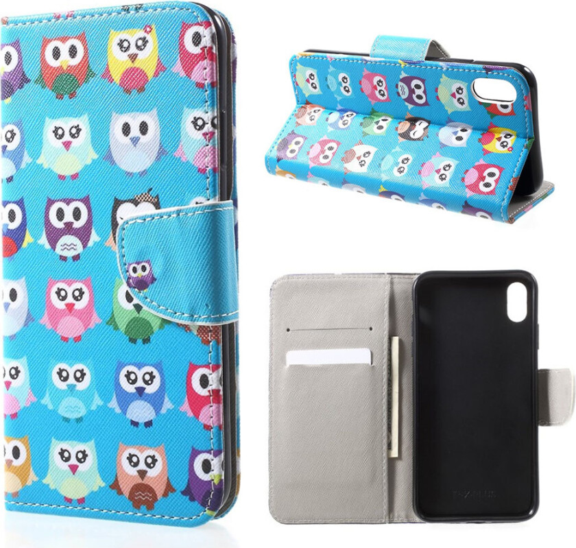 iPhone Xs Max beskyttelses deksel av syntetisk skinn med printet mønster i kryss tekstur - mange ugler