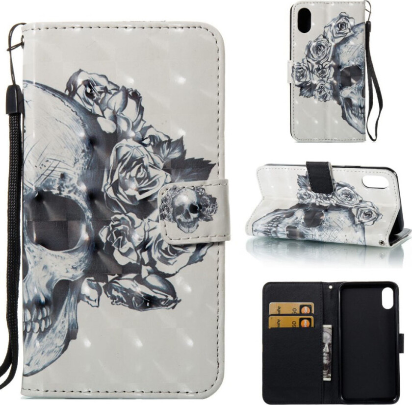 iPhone Xs Max beskyttelses deksel av syntetisk skinn med printet mønster - hodeskalle og blomster