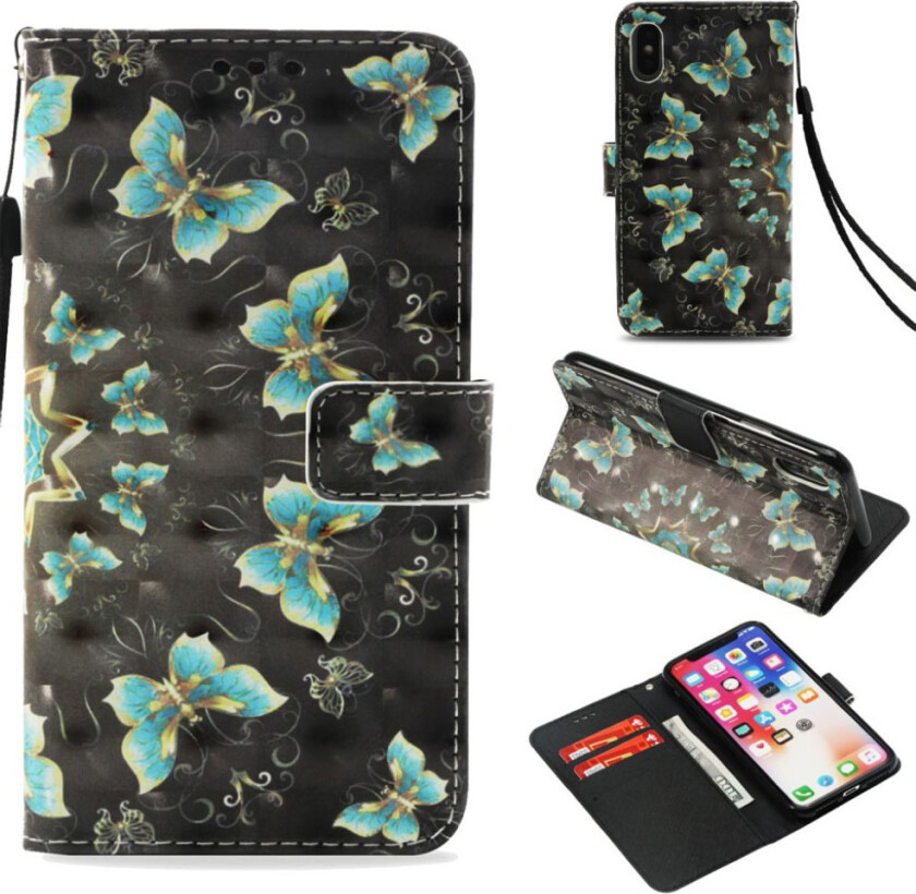 iPhone Xs Max beskyttelses deksel av syntetisk skinn med printet mønster og lyse flekker - sommerfugl sirkel