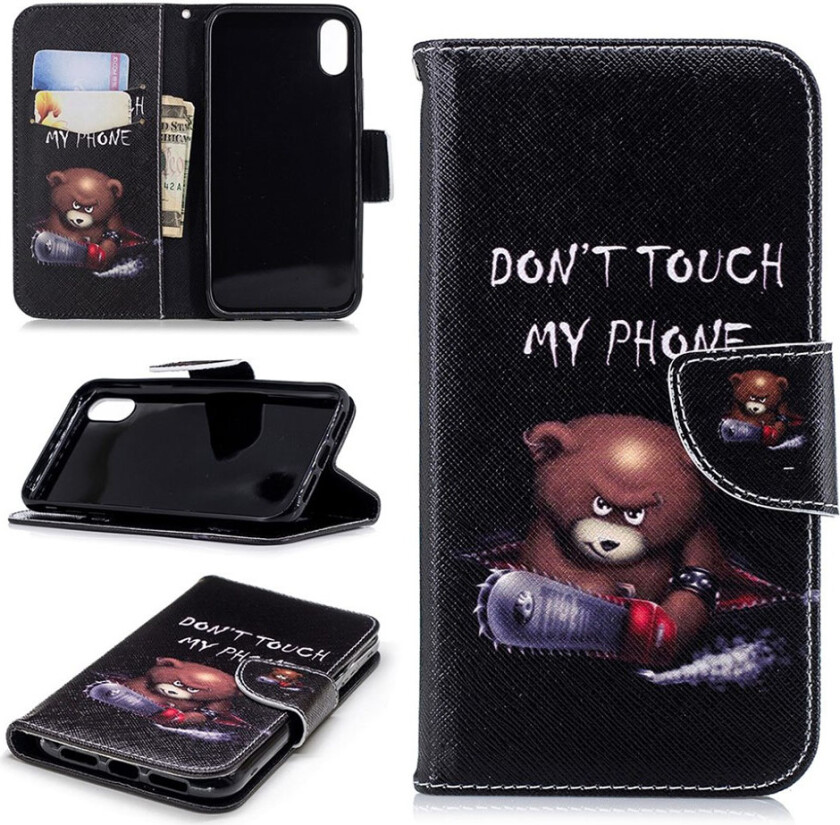 iPhone Xr beskyttelses deksel av syntetisk skinn med printet bilde - bjørn og advarsel ord