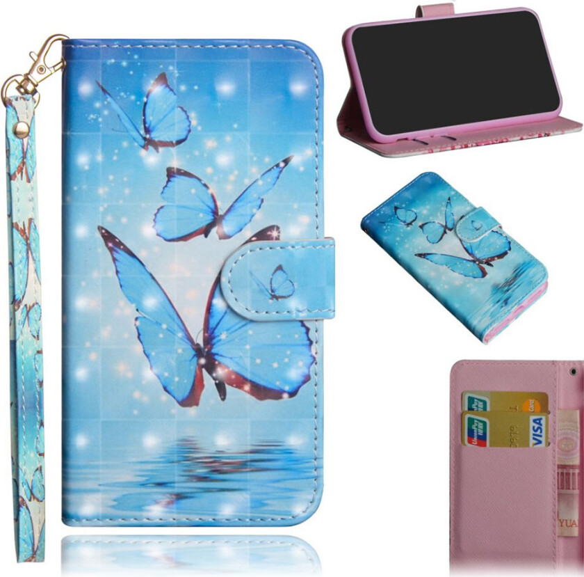 iPhone Xr beskyttelses deksel av syntetisk skinn med printet mønster - blå sommerfugl