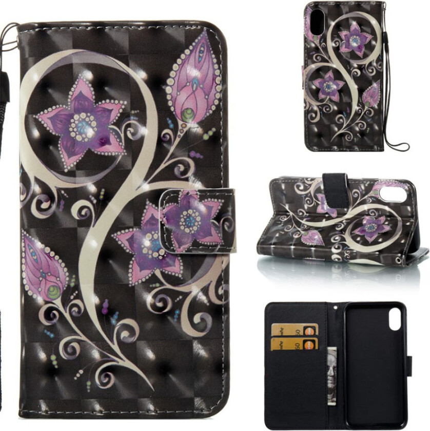 iPhone Xr beskyttelses deksel av syntetisk skinn med printet mønster og lyse flekker - lilla blomster