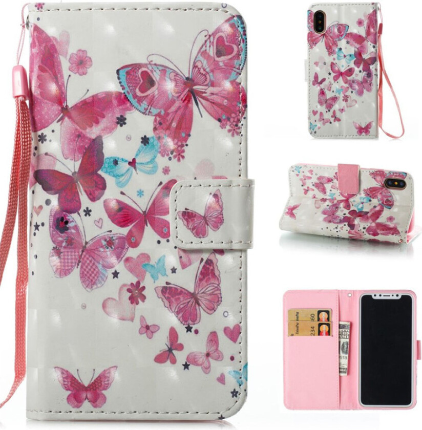 iPhone Xr beskyttelses deksel av syntetisk skinn med printet mønster og lyse flekker - sommerfugler mønster
