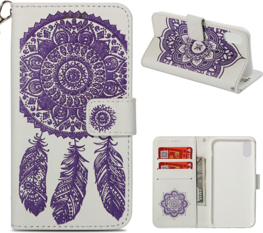 iPhone Xr beskyttelses deksel av syntetisk skinn med drømmefanger avtrykk - hvit og lilla