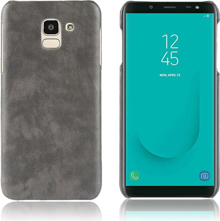 Galaxy J6 beskyttelses deksel av plastikk dekt i syntetisk skinn med litchi tekstur - grå