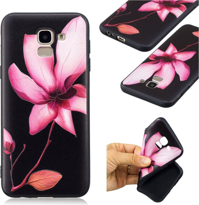 Galaxy J6 beskyttelses deksel av silikon og plastikk med hevet printet mønster - rosa blomst