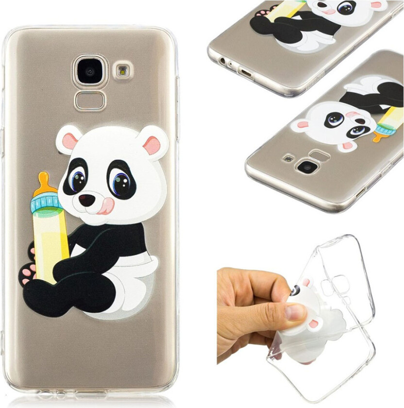 Galaxy J6 beskyttelses deksel av silikon og plastikk med printet bilde - panda holder en flaske