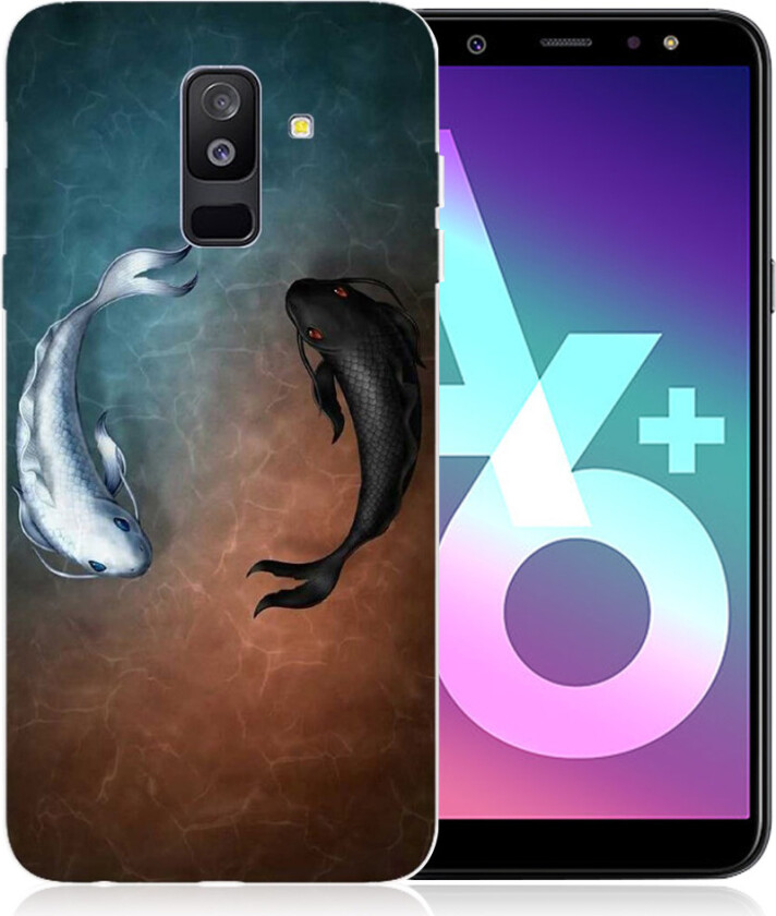Galaxy A6 Plus beskyttelses deksel av silikon og plastikk med printet mønster - svarte og hvite fisker