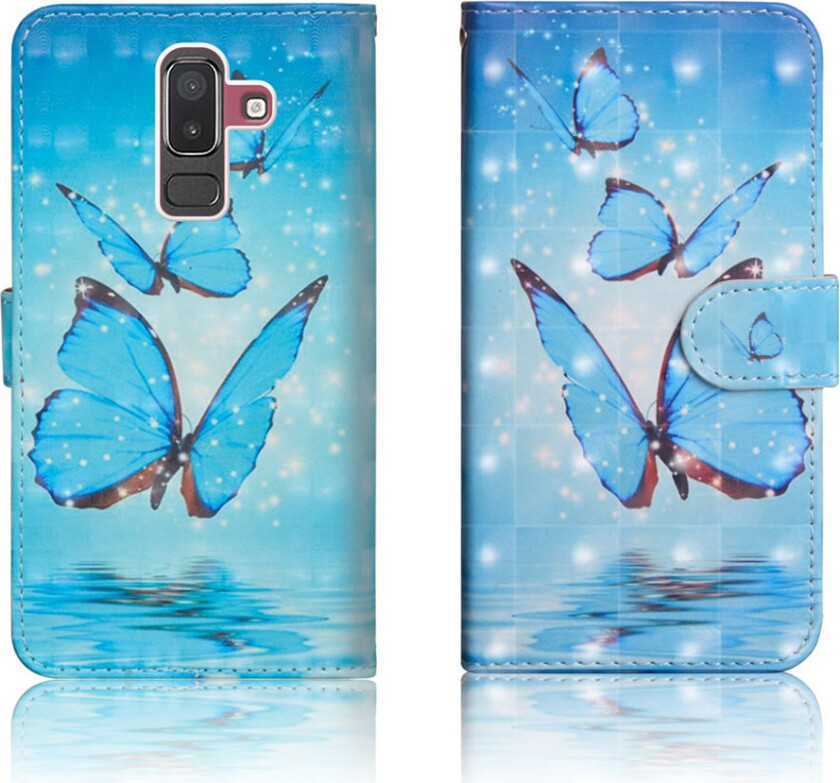 Galaxy J8 beskyttelses deksel av syntetisk skinn med printet mønster - blå sommerfugl
