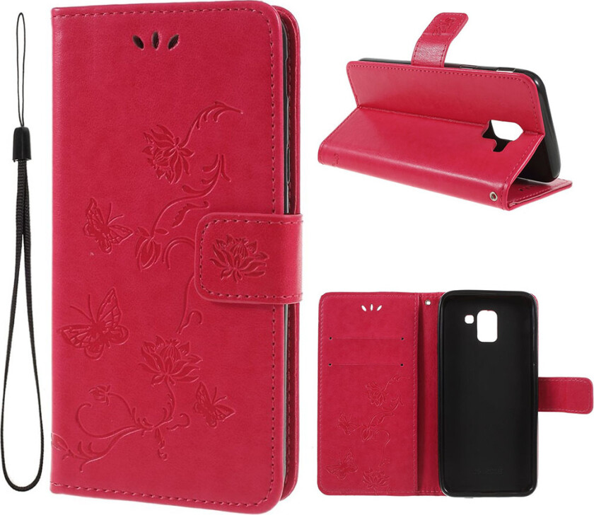 Galaxy J6 beskyttelses deksel av syntetisk skinn med sommerfugl avtrykk - rose