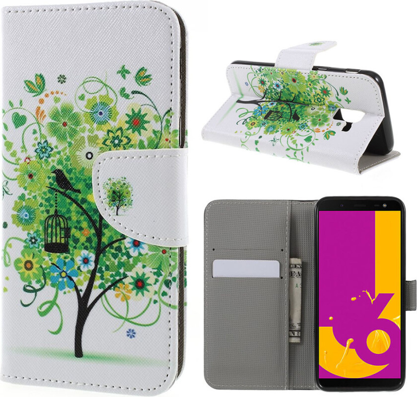 Galaxy J6 beskyttelses deksel av syntetisk skinn med printet bilde - grønn blomster tre