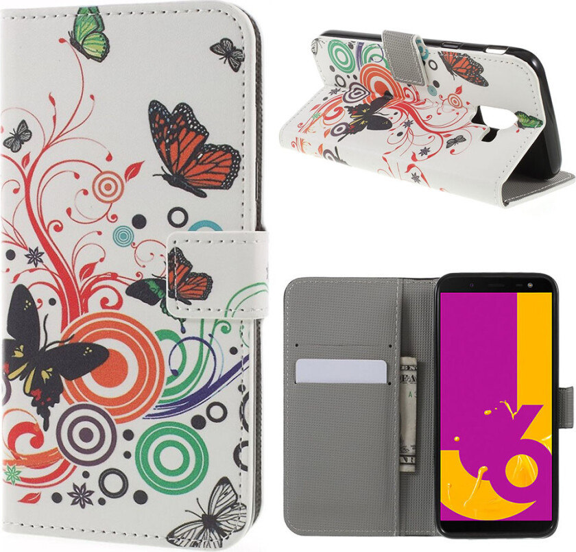 Galaxy J6 beskyttelses deksel av syntetisk skinn med printet mønster - Sommerfugler og sirkler