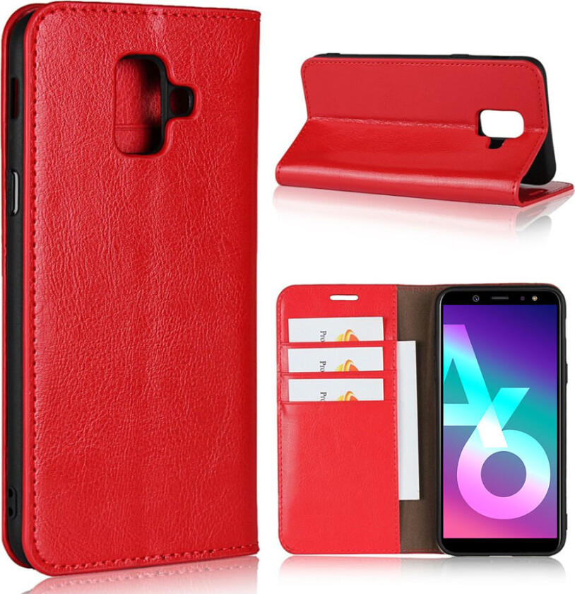 Galaxy A6 beskyttelses deksel av ekte skinn med vill hest tekstur - rød