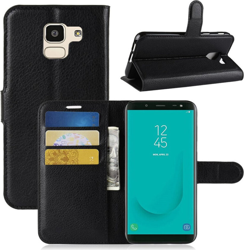 Galaxy J6 beskyttelses deksel av syntetisk skinn med litchi tekstur - svart