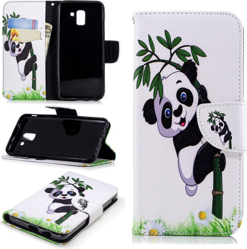 Galaxy J6 beskyttelses deksel av syntetisk skinn - panda på bambus