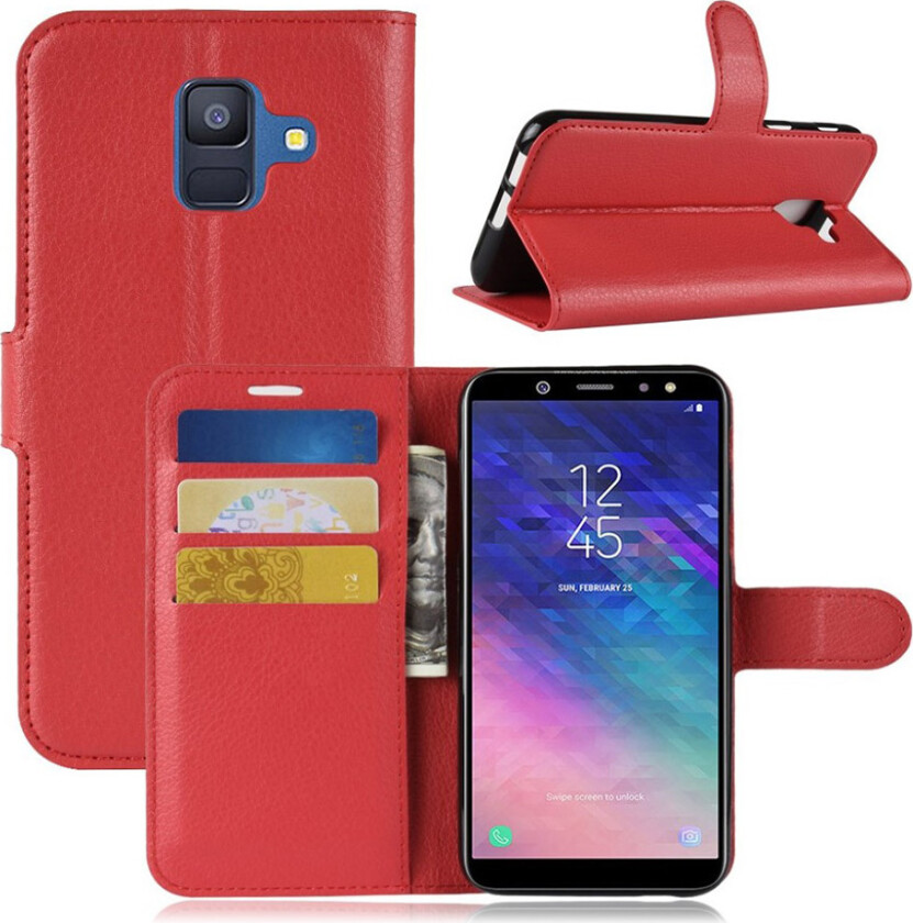 Galaxy A6 beskyttelses deksel av syntetisk skinn med litchi tekstur - rød